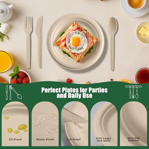 Brown 250-Piece Biodegradable Paper Plate and Utensil Set – Eco-Friendly Disposable Dinnerware for Parties and Camping