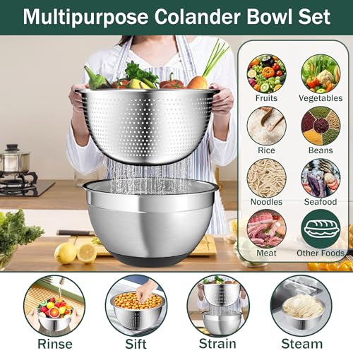 Nicdiet Black Stainless Steel Mixing Bowls with Airtight Lids Set - 3 Sizes, Nesting Kitchen Set with Colander & Grater, Non-Slip Bottoms, 1.5/2.5/5 QT