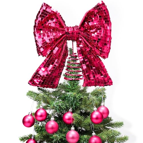 Demissle Hot Pink Sequin Bow Christmas Tree Topper 10 x 12 in