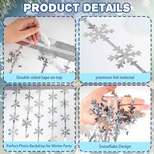 Winter Wonderland Party Snowflake Decorations, 3.3x6.6ft Iridescent Silver Snowflake Tinsel Foil Fringe Curtains Backdrops Photo Props for Xmas Winter Frozen Birthday Party Supplies, 2 Pack