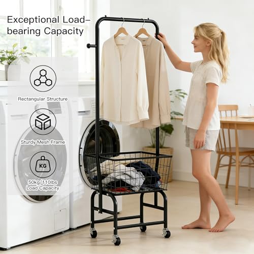 Laundry Basket with Wheels & Hanging Rack - Black, Heavy-Duty Steel, Large Capacity