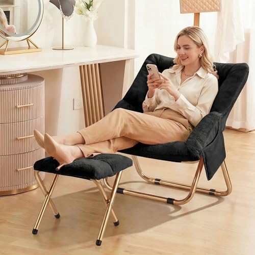 Kasunpul Black Foldable Faux Fur Lounge Chair - Oversized Comfy Seat for Bedroom & Living Room