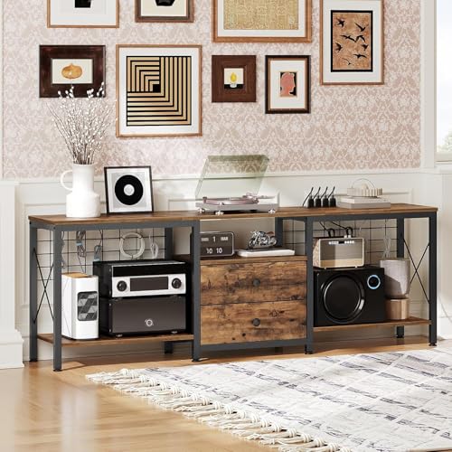 YATINEY Rustic Brown 63" TV Stand with Power Outlet, Fabric Drawers & Open Shelves