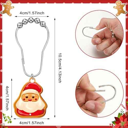 12 Pcs Christmas Gingerbread Shower Curtain Hooks Bulk Gingerbread Man Bathroom Accessories Set Xmas Candyland Winter Christmas Shower Acrylic Rustproof Hooks for Bedroom Bathroom Decor