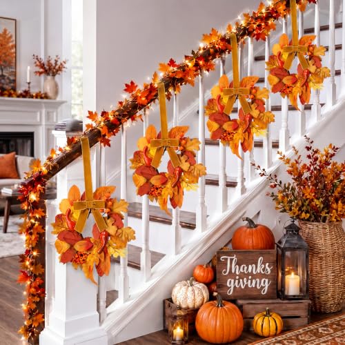 Mini Fall Wreaths Set of 6 for Kitchen Cabinets - Autumn Harvest Decor