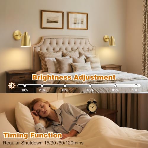 Gold Battery Operated Wall Sconces Set of Two with Remote Dimmable 3-Color Temp