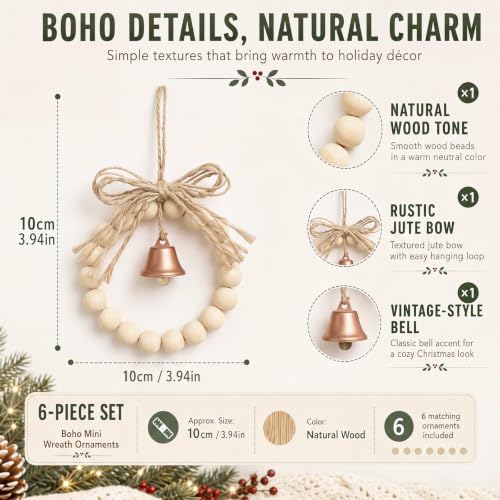 Hollowfly 6-Pack Boho Wood Bead Christmas Wreath Ornaments with Bell