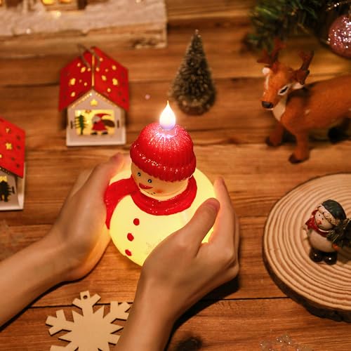 Meonum 1 Pack Snowman Flameless Candle Red – Battery-Operated Scented Wax Snowman with Timer