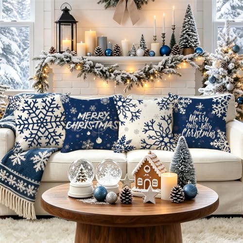 Blue Merry Christmas Snowflake Pillow Covers 18x18 Inch, Set of 4 - 18" Square