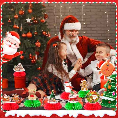 9 Pcs Christmas Honeycomb Centerpieces, Red and Green Honeycomb Centerpieces Santa Claus Snowman Elk Table Center Decorations for Merry Christmas Party Decorations Indoor Outdor
