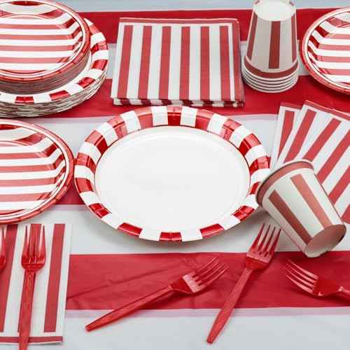 Carnival Circus Party Supplies, Red and White Strips Party Decorations, 81 Pcs Includes Plates, Napkins, Carnival Tablecloth, Forks, for Birthday, Carnival, Baby Shower, Christmas, Picnic, Serves 20