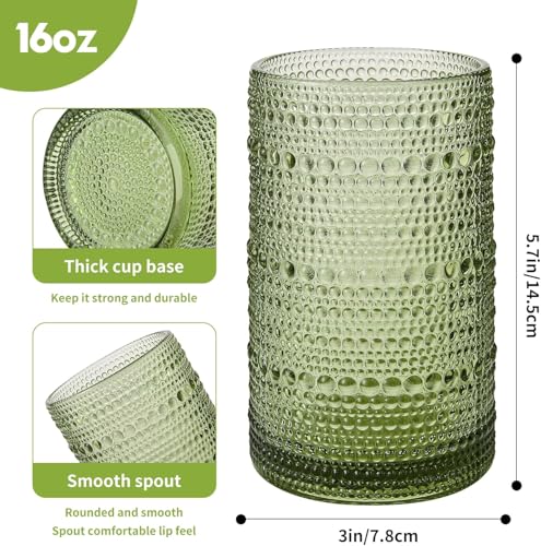 HEFBCOMK Set of 12 16oz Green Hobnail Drinking Glasses with Straws - Vintage Style, Durable Kitchen Water Cups for Cocktails, Juice, Whiskey, Milk