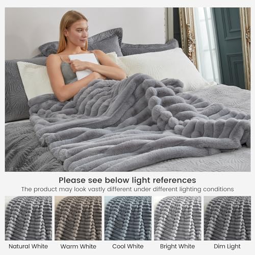 Gray Faux Fur Throw Blanket for Couch & Bed - Cozy Bliss 50x60 Inches