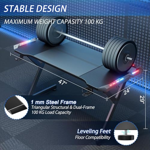 47 Inch Gaming Desk with Carbon Fiber Surface & LED Lights - Black, LED Version