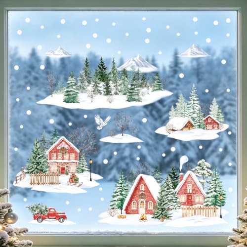 SHUCHING Winter House & Tree Window Cling Sticker - Christmas Holiday Decor, 2 Sheets, Reusable, Waterproof Vinyl, for Glass & Windows