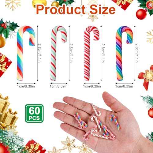 60pcs Mini Christmas Candy Decorations, Christmas Miniatures for Crafts Faux Candy Canes Xmas Candy for Crafts Ornaments Soft Clay Candy Canes for Tree Hanging DIY Crafts Party Decor