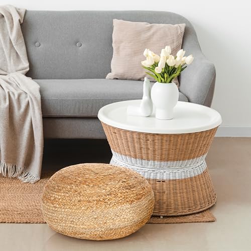 Decor Therapy Round Jute Ottoman Pouf - Boho Natural Woven Footrest & Extra Seating, 19x19x10.5 inches