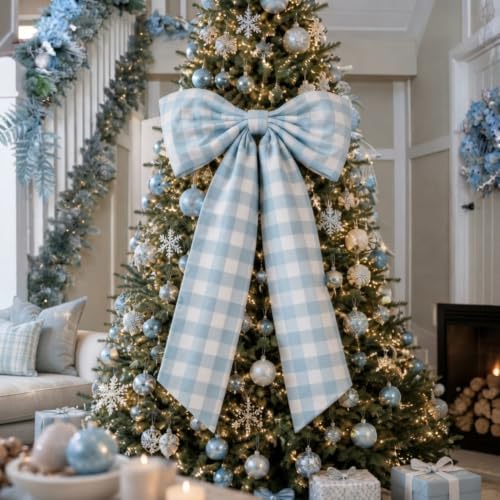 Canlierr Blue 26x39 Inch Christmas Gingham Bow Tree Topper - Large Holiday Decor