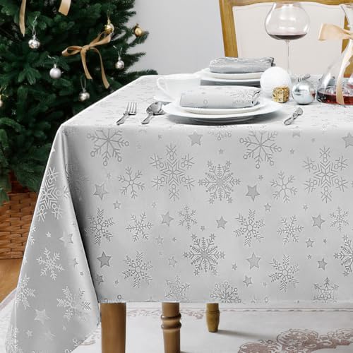 Romanstile Silver Christmas Jacquard Tablecloth 60 x 102 in with Snowflake Pattern