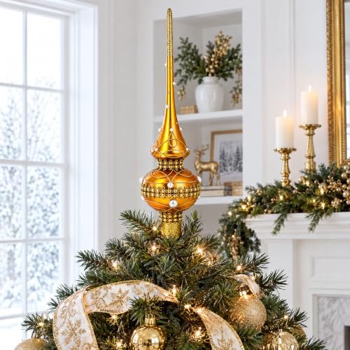 Golden Jewels & White Pearls Christmas Tree Topper - 11 Inches, Hand-Painted Glass