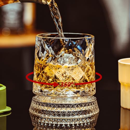 NORIMODA Diamond Cut Spinning Whiskey Glass Set of 4 - 9.5 oz with Rotating Bases & Ice Molds