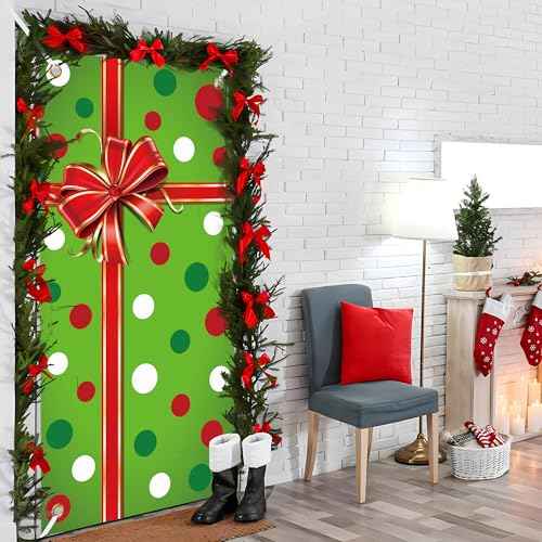 Christmas Door Cover Xmas Gift Box Door Hanging Banner Merry Christmas Front Doors Cover Backdrop Decorations for Holiday Indoor Outside Party Supplies, 70.9 x 35.4 Inch(Green Polka Dots)