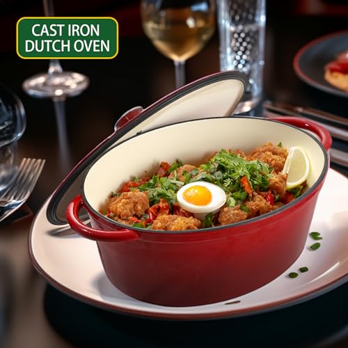 9.6 QT Enamel Cast Iron Dutch Oven - Red Gradient, Oval, Heavy Duty