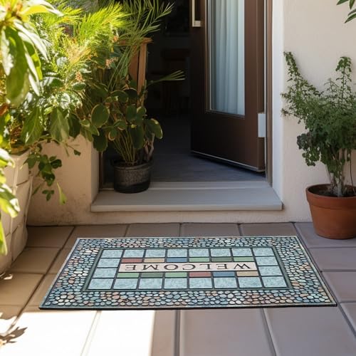 Heavy Duty Outdoor Door Mat - 24 x 36 Inch Non Slip Rubber Entry Rug in Blue Variation