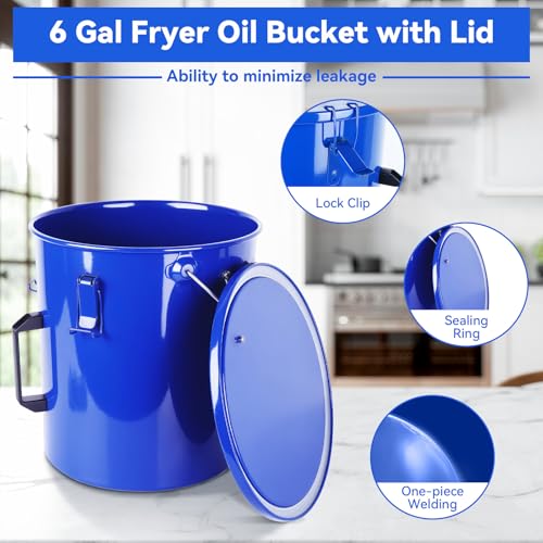 6 Gallon Steel Fryer Grease Bucket with Locking Lid & Strainer Bags