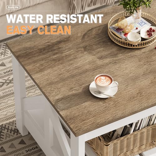 YESHOMY Farmhouse Coffee Table with Storage, Gray & White