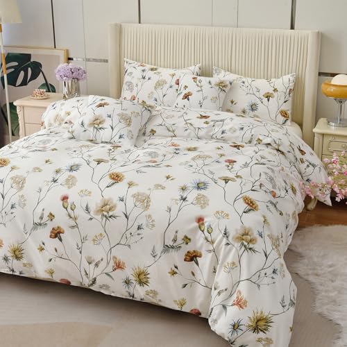 HMtideby White Twin Duvet Cover Set 100% Cotton Floral with Zipper