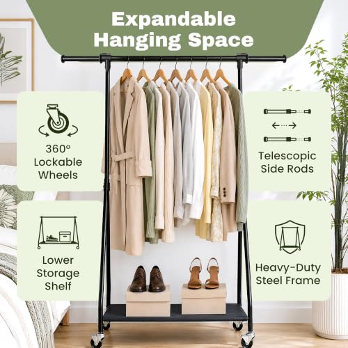 Foldable Clothes Rack with Wheels - Adjustable Height Portable Garment Organizer with Shelf