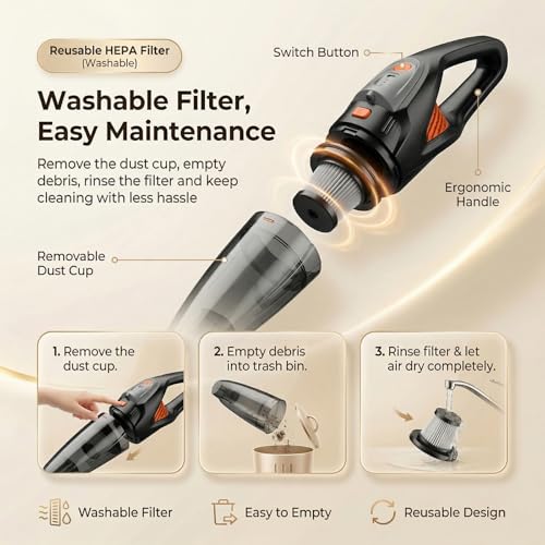 EASYPAL Orange Cordless Handheld Vacuum Cleaner 25000Pa Powerful Suction
