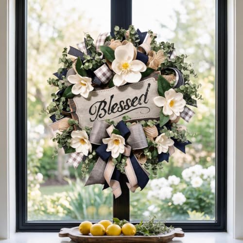 Farmhouse White Floral Wreath for Front Door & Porch Décor, 22in Spring Summer Decor