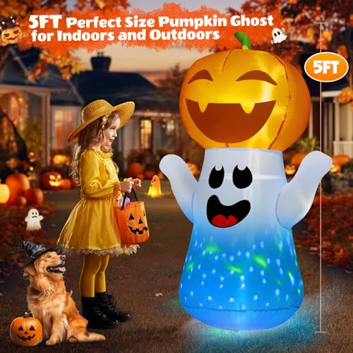 5FT Halloween Inflatable Pumpkin Ghost with Colorful Flashing Lights Yard Decor