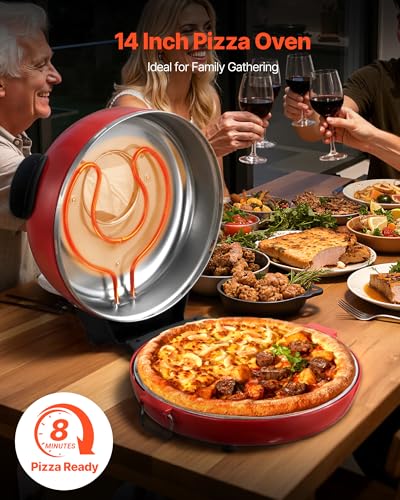Red 14-Inch Electric Pizza Oven - Large Countertop Pizza Maker with 1600W & Adjustable Temperature