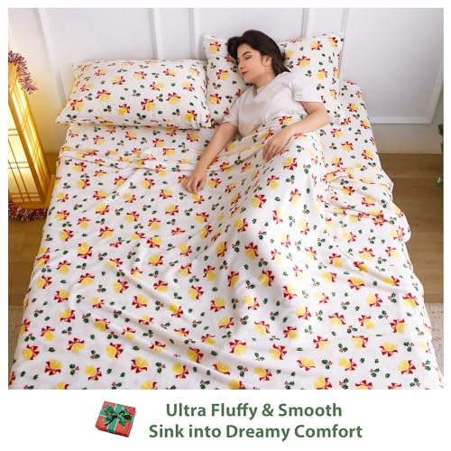 Softan Christmas Bell Twin Fleece Sheets Set - Cozy Flannel-Like Holiday Bedding