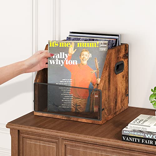Homeiju Rustic Brown & Black Vinyl Record Storage Crate Holds 60 Records