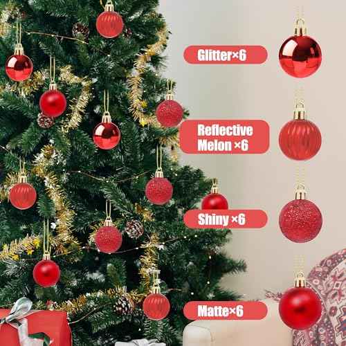 24PCS Mini Red Christmas Ornaments Balls, 1.2 Inch Small Shatterproof Red Christmas Ornaments Hanging Ball, 4 Style Plastic Tree Balls for Xmas Decor, Wedding, Birthday Party Favors