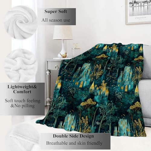 Enchanted Forest Castle Blanket,60x80in,Magical Night Scene Throw