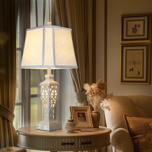 Cream White Resin Table Lamp with Night Light & USB Charging Ports - 28.5 Inch