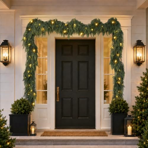 Green 15FT Prelit Cedar Garland with 8 Lighting Modes for Christmas Decor