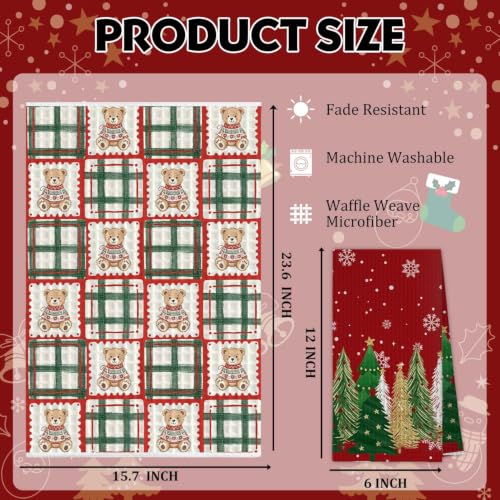 2Pcs Teddy Bear Christmas Kitchen Towels – Plaid & Tree Border Set