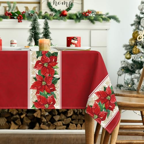 Horaldaily Christmas Tablecloth 60 x 84 Inch Rectangular Poinsettia Red