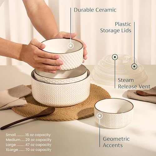 KooK 70 Oz Ceramic Nesting Bowls with Lids - Embossed Stoneware, Set of 4 Ivory