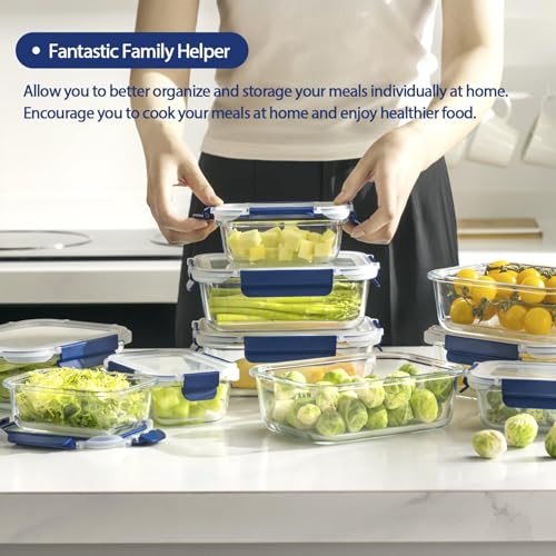 Coccot Blue Glass Food Storage Containers Set with Lids - Airtight Meal Prep