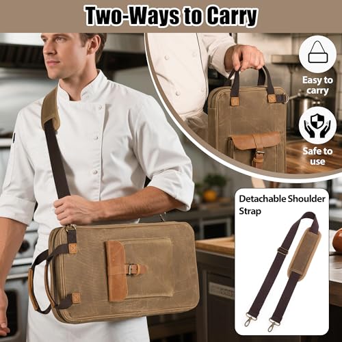 Chef Knife Bag Waxed Canvas Storage Case with 11 Slots & Pockets