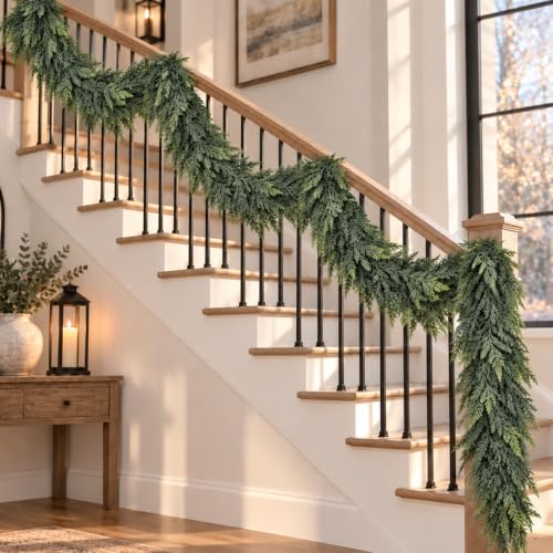 SHOPNEW 2PCS 9FT Artificial Cedar Garland Real Touch Greenery Holiday Decor