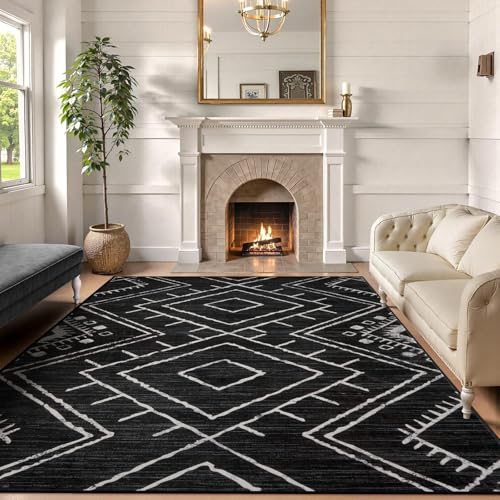 LIVEBOX Moroccan 8x10 Black Area Rug - Washable, Non-Slip Geometric Rug for Living Room & Bedroom