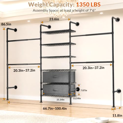 Black Wall Mounted Clothes Rack with 2 Drawers - 3-Row Expandable Closet